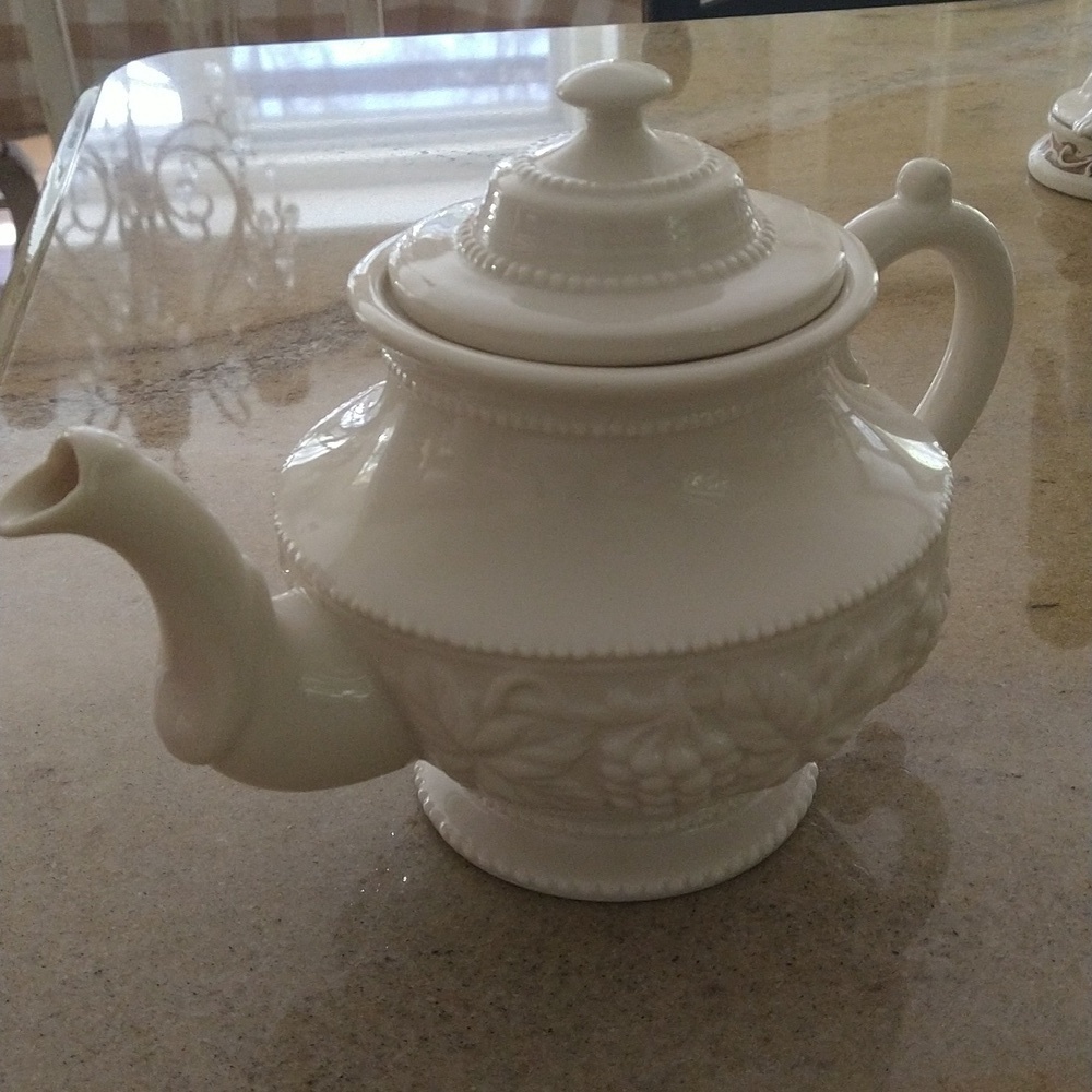 Porcelain white teapot 10 1/2" wide x 7" french country cottagecore shabby chic